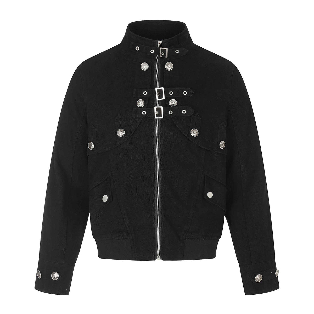 Double-Breasted Metal Zipper Stand Collar Crop Slim Fit Jacket For Men | MuddyStock Originals Black
