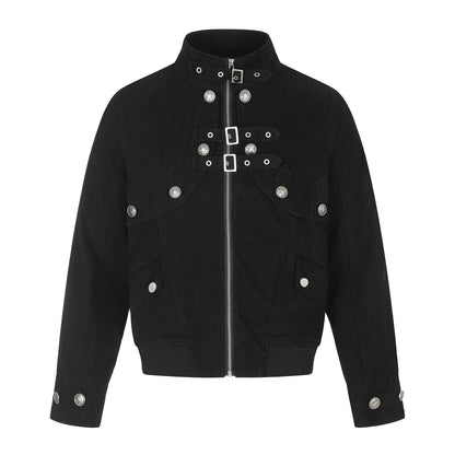 Double-Breasted Metal Zipper Stand Collar Crop Slim Fit Jacket For Men | MuddyStock Originals Black