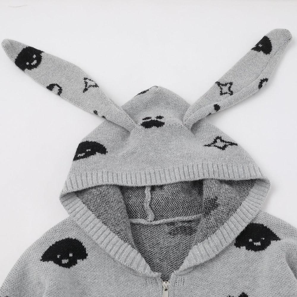 Full printed jacquard cartoon rabbit ear hooded knitted hoodie for women | MuddyStock Originals