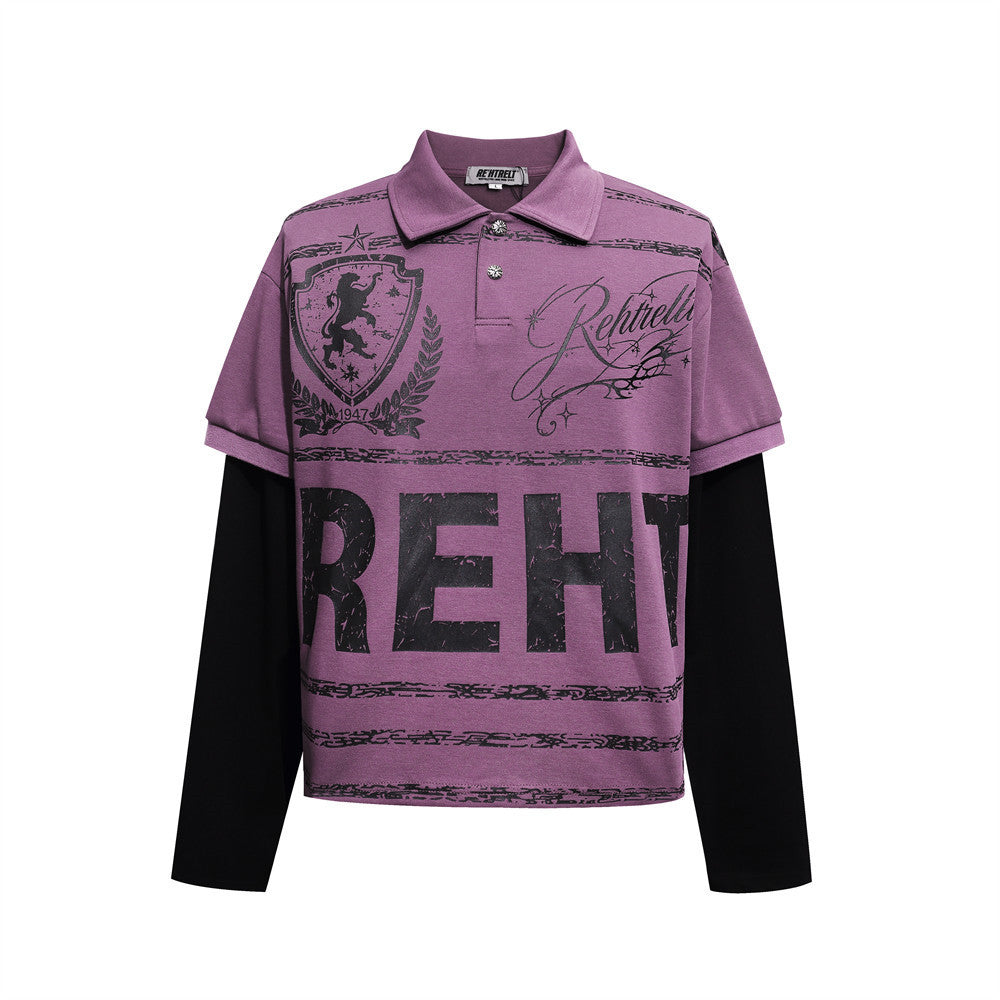 Men's Hip Hop Casual Long Sleeve Polo Collar All Over Print Letters T-Shirt Purple