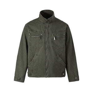 Washed Ripped Stand Collar Zipper Multi-Pocket Workwear Jacket For Men | MuddyStock Originals Dark Gray
