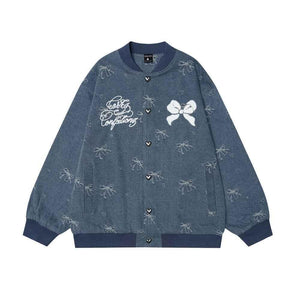 Bow Loose Baseball Uniform Coat For Women Blue
