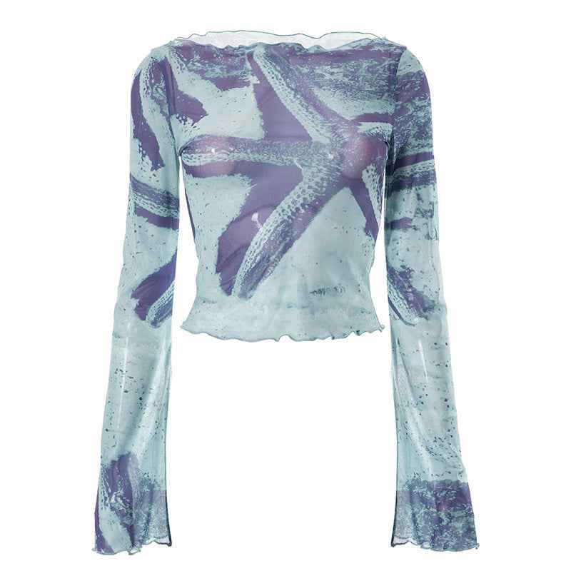 Abstract printed flared sleeve short top for women | MuddyStock Originals Blue C23TP073