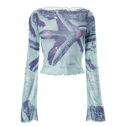Abstract printed flared sleeve short top for women | MuddyStock Originals Blue C23TP073