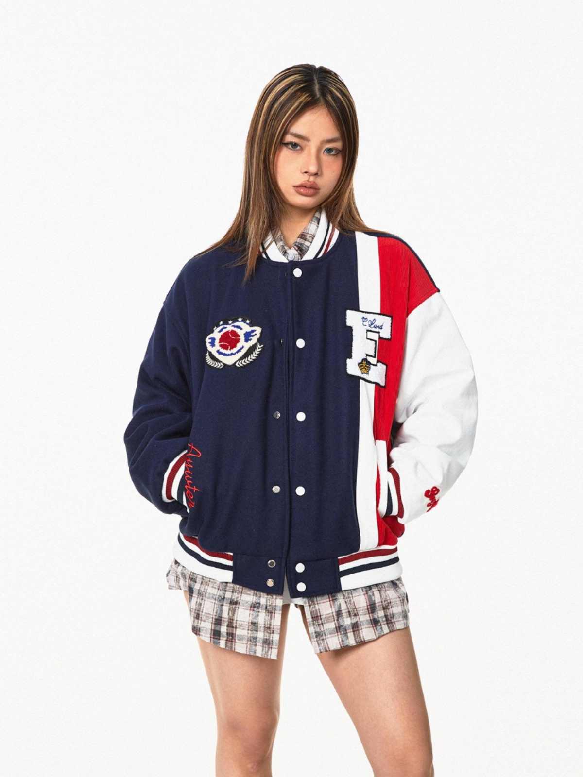 BLACKBBAmerican Color Contrast Patchwork Retro Baseball Uniform Jacket Coat All Products
