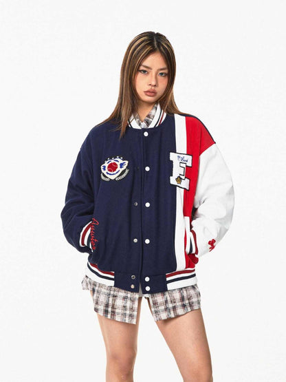 BLACKBBAmerican Color Contrast Patchwork Retro Baseball Uniform Jacket Coat All Products