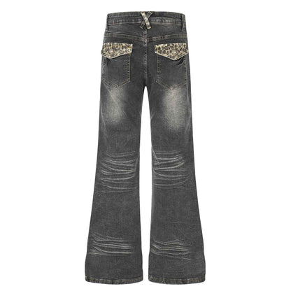 Women's High Waist Denim Flare Jeans with Leopard Patchwork | MuddyStock Originals