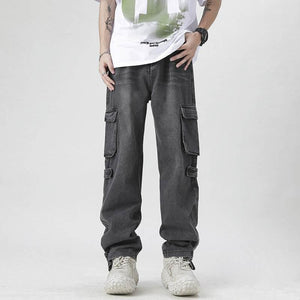 Retro Multi-pocket Workwear Jeans For Men Black