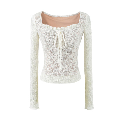 Sexy Lace Short Sleeve Square Neck T-Top White