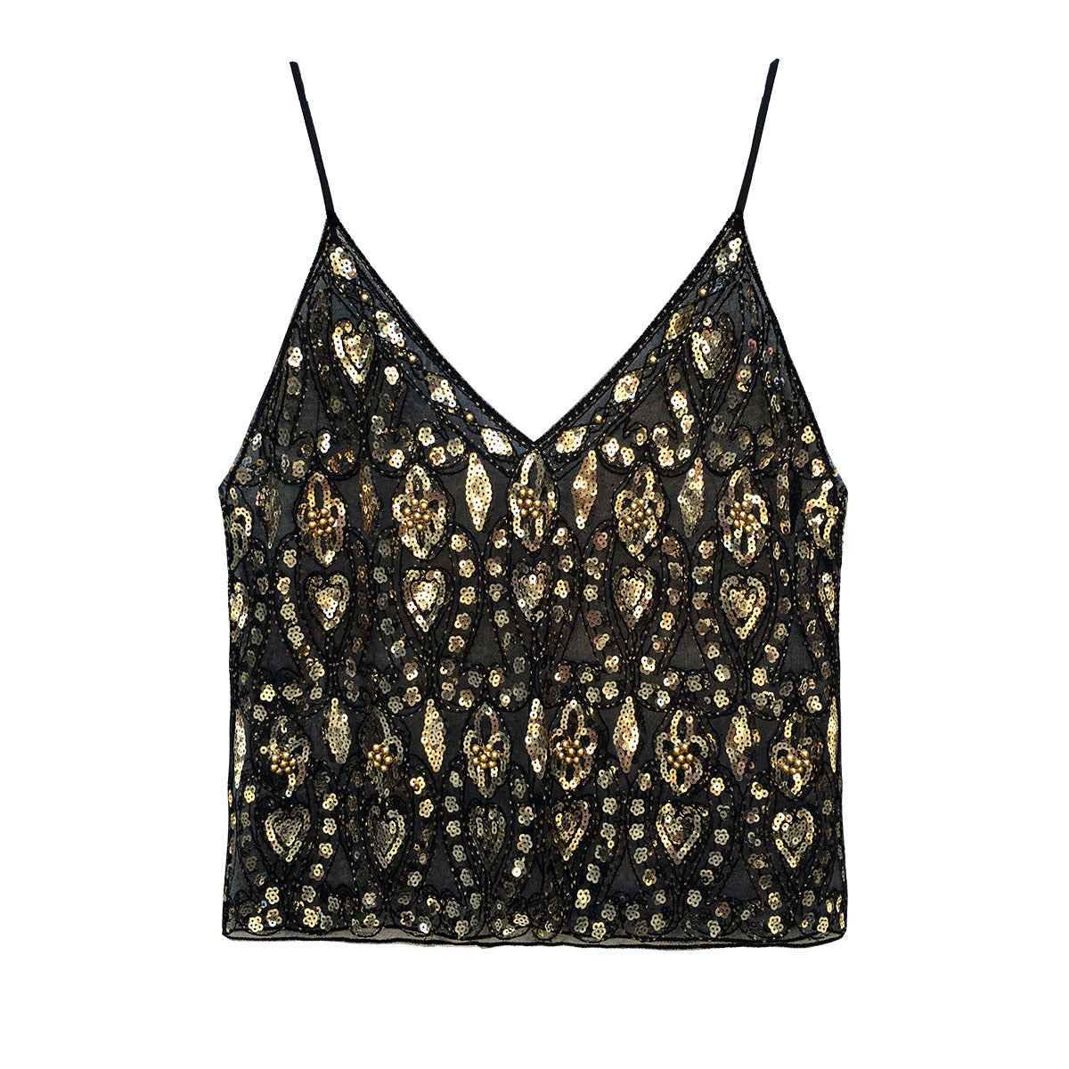 Heavy Embroidery Sequins Vest Shiny Small Sling For Women Black Gold Free Size MuddyStock