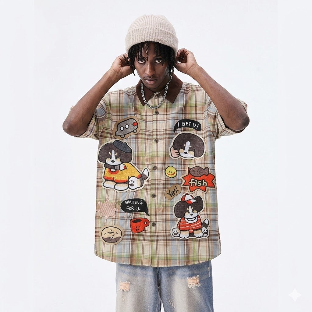 Retro Cartoon Embroidery Plaid Short Sleeve Shirt For Men | MuddyStock Originals eprolo