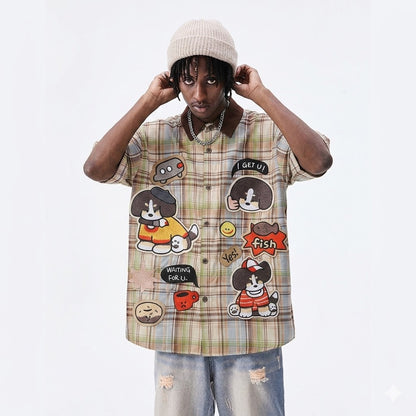 Retro Cartoon Embroidery Plaid Short Sleeve Shirt For Men | MuddyStock Originals eprolo