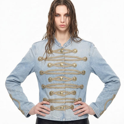 Casual knot button decoration stand collar denim jacket for women | MuddyStock Originals