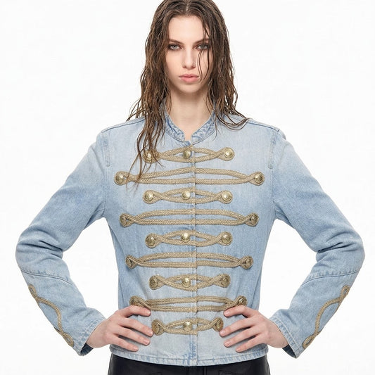 Casual knot button decoration stand collar denim jacket for women | MuddyStock Originals
