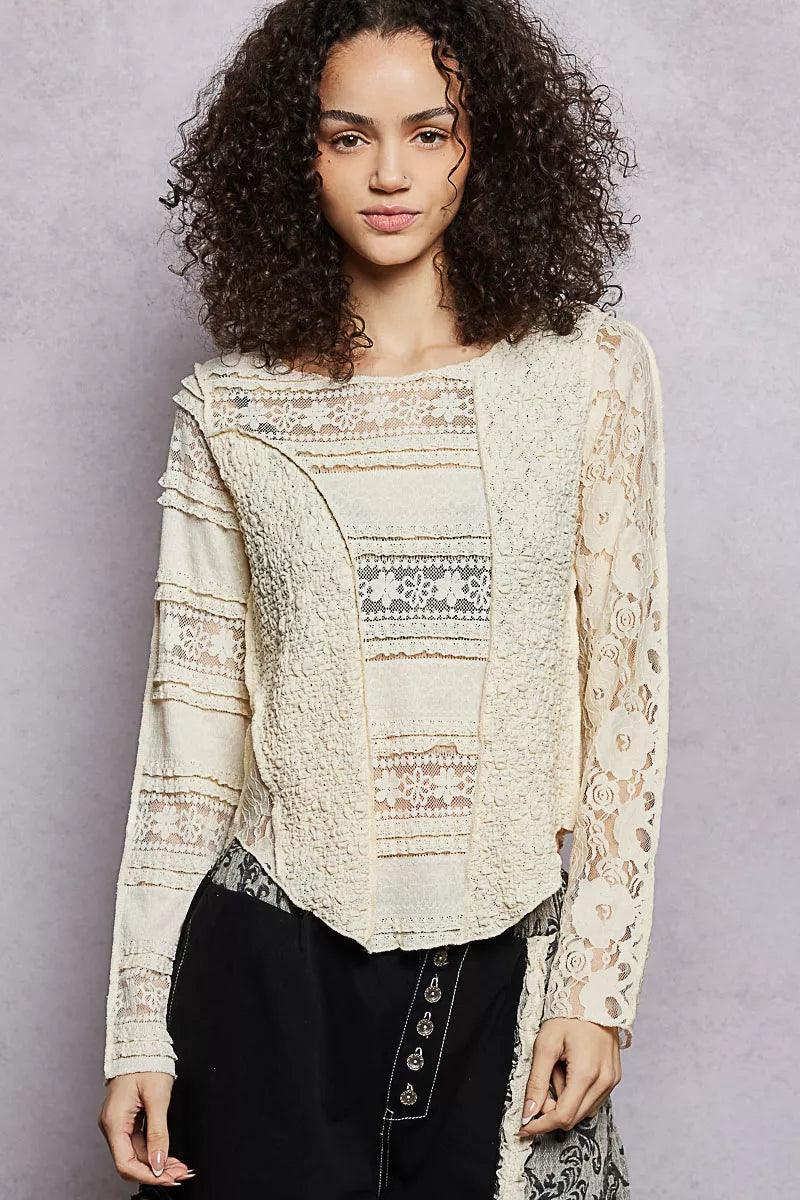 Round Neck Long Sleeve Top with Lace Detail NATURAL