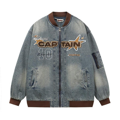 Letter Patch Embroidered Denim Baseball Jacket For Men Blue null