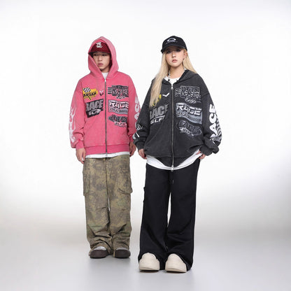 Retro Racing Slogan Washed Zip-Up Hoodie, Unisex Casual Oversized Couple Hooded Sweatshirt Jacket eprolo