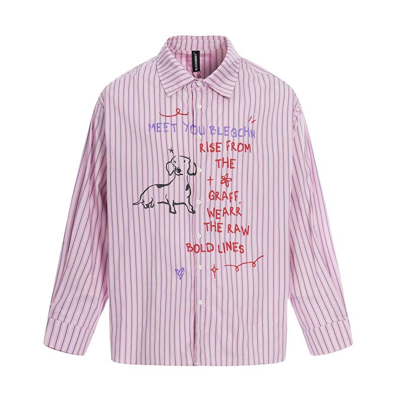 Letter printed cartoon dog striped long sleeved shirt Pink