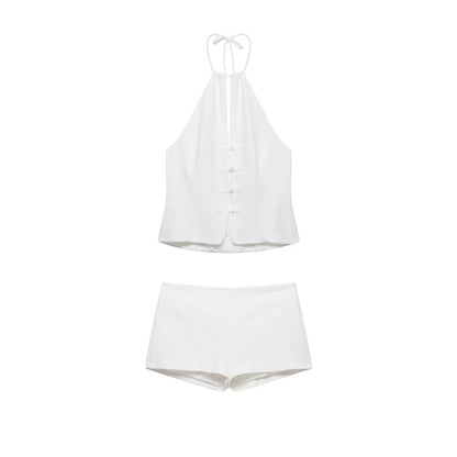 Zipped Front Wrap-Neck Top + Shorts Set Set