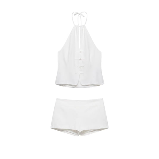 Zipped Front Wrap-Neck Top + Shorts Set Set