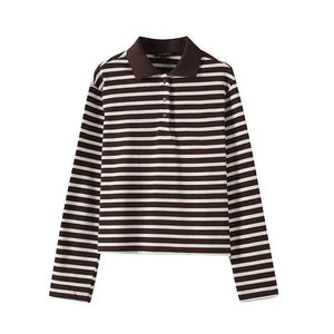 Casual versatile lapel striped pullover top for women | MuddyStock Originals Picture Color