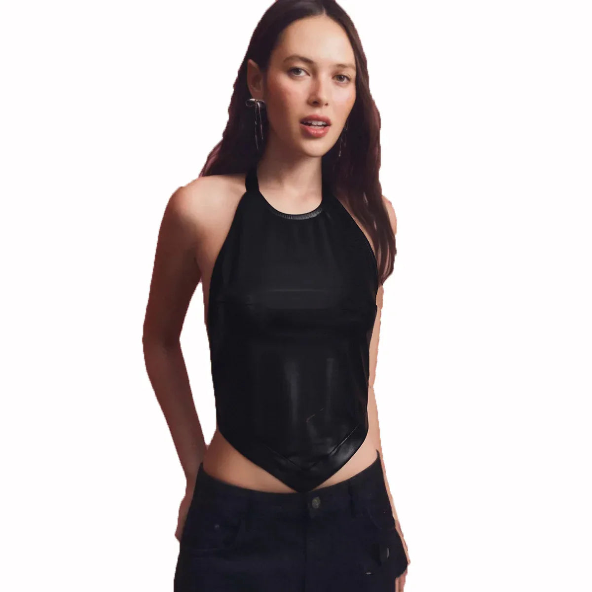 Bare back hanging neck PU leather strapless top | MuddyStock Originals eprolo