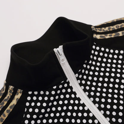 Men's All-Over Polka Dot Print Stand Collar Open Front Athletic Jacket with Three Stripes Webbing