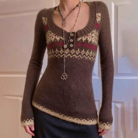 Vintage ethnic pattern U-neck sweater for women | MuddyStock Originals