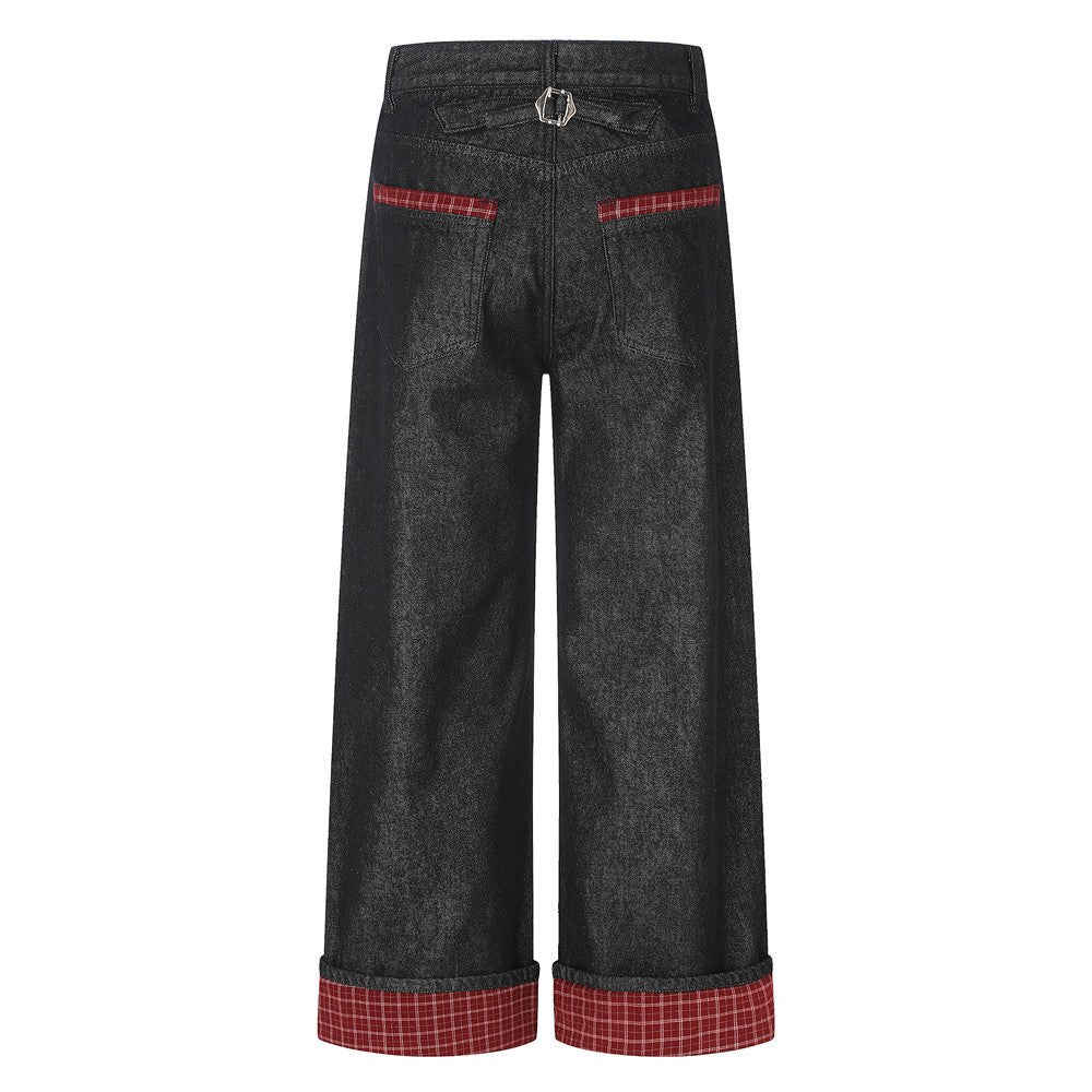 Men's Workwear High Street Denim Pants Color Block Plaid Cuffed Hem Loose Wide Leg Straight Trousers