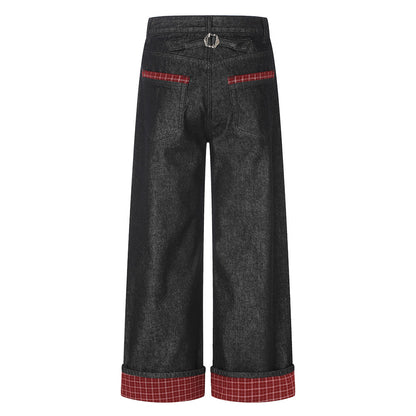 Men's Workwear High Street Denim Pants Color Block Plaid Cuffed Hem Loose Wide Leg Straight Trousers