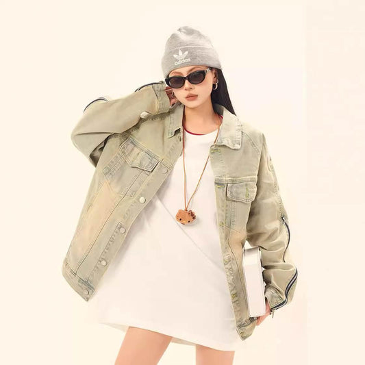 Washed and worn solid color zipper denim jacket for women | MuddyStock Originals