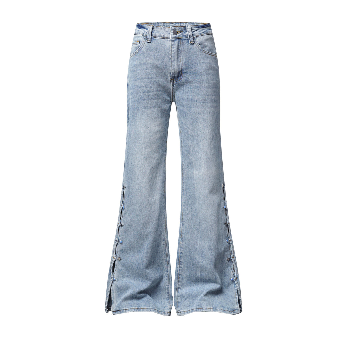 Light Blue Washed Micro Flare Jeans with Star Button Side Slit Hem | MuddyStock Originals