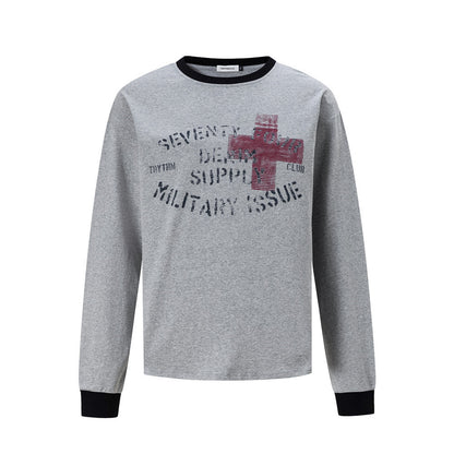 Street Style Cross Letter Print Long Sleeve Round Neck Men's T-Shirt Heather Grey