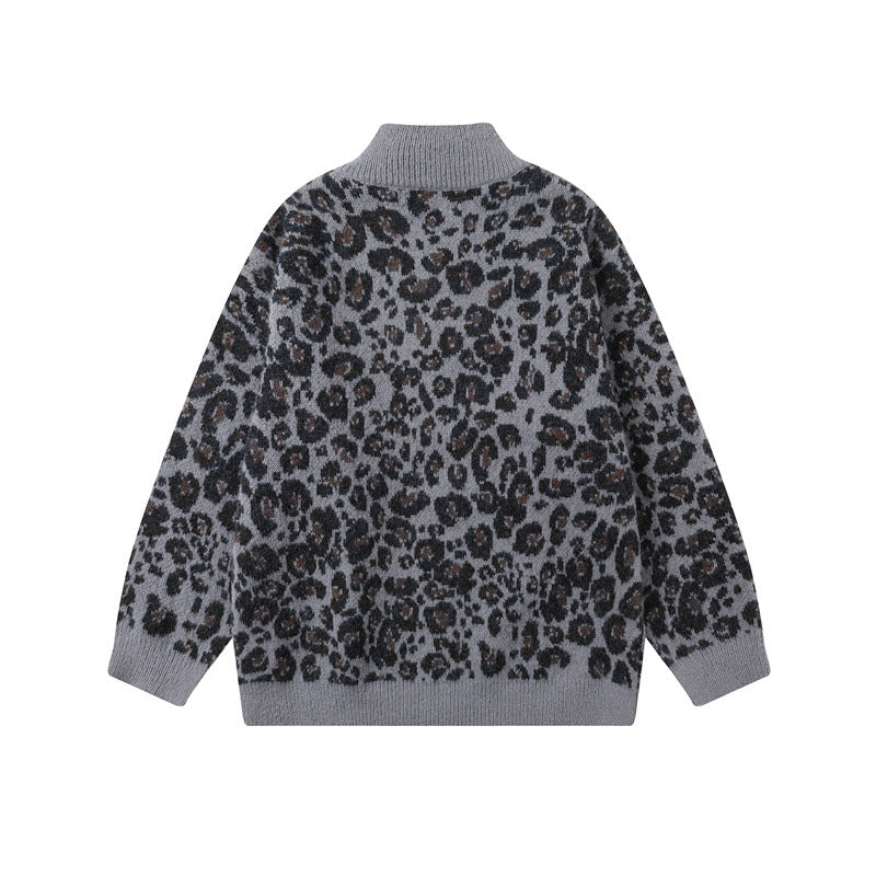 Leopard print stand up collar cardigan men's and women's knitted jacket