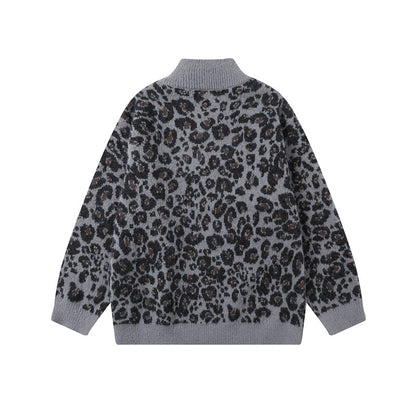 Leopard print stand up collar cardigan men's and women's knitted jacket