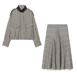 Color blocking collar plaid jacket+half skirt set for women | MuddyStock Originals Plaid Suit