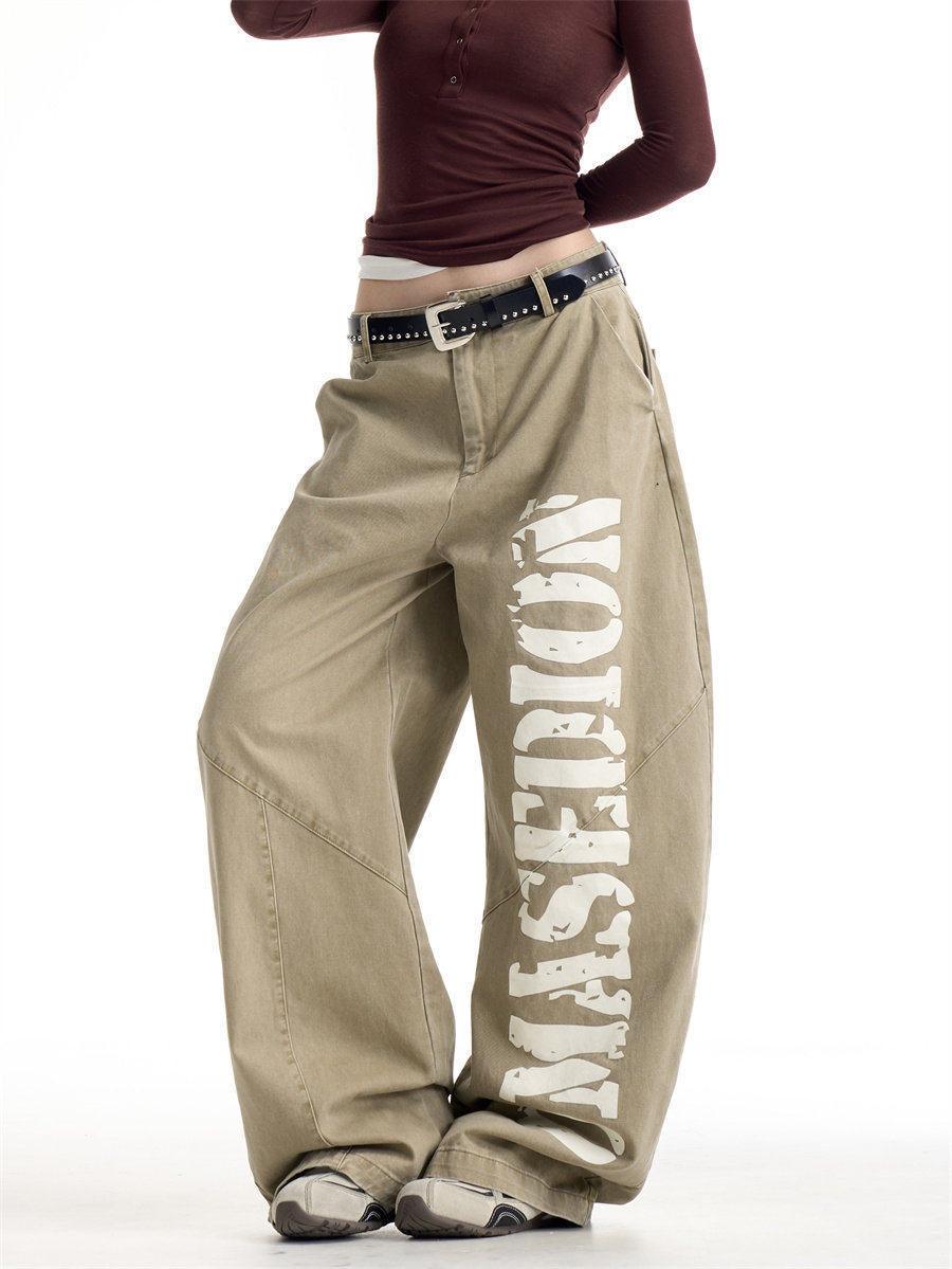 Vintage Retro Streetwear Style Printed High-Waisted Pants For Women | MuddyStock Originals Khaki