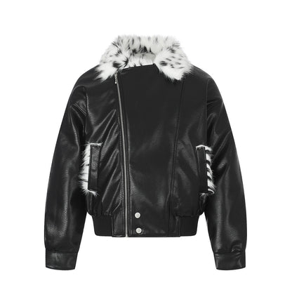 Men's Biker PU Leather Jacket with Diagonal Zipper and Fur Lapel Collar Black