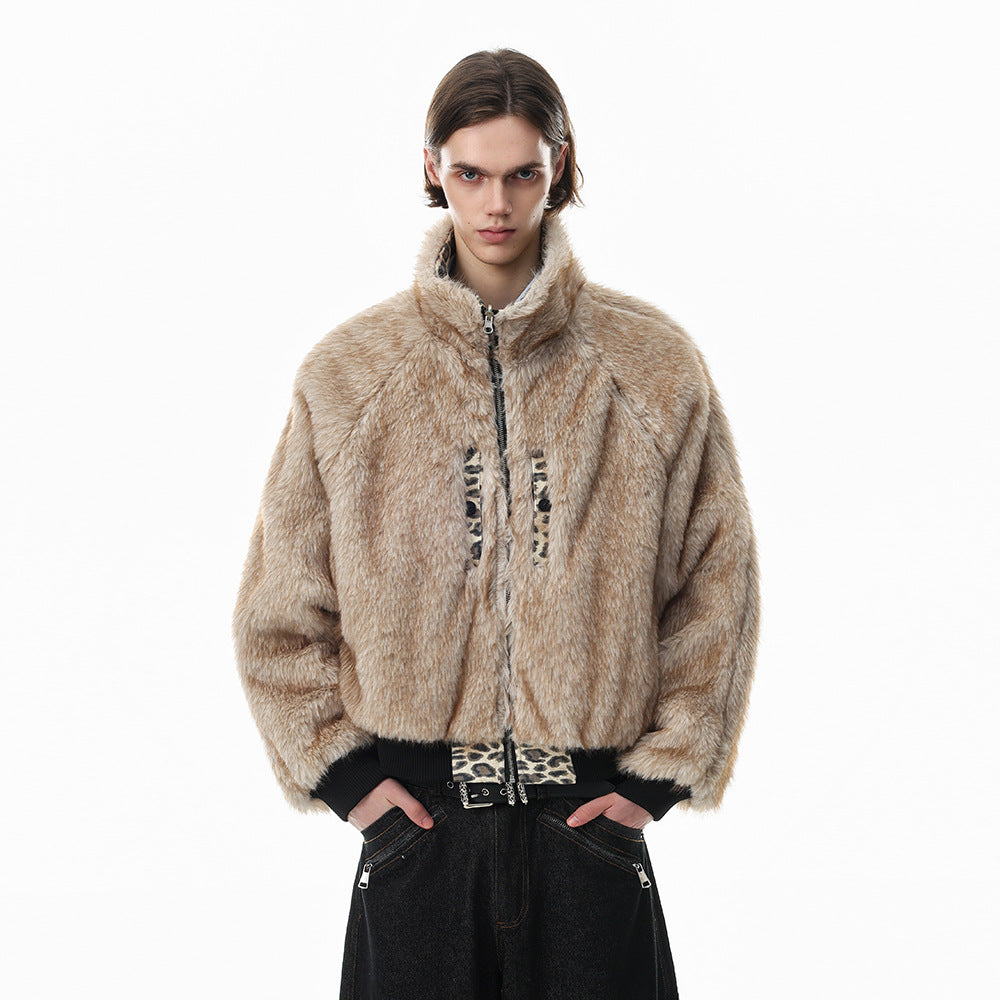Punk Street Style Reversible Faux Fur Stand Collar Loose Fit Men's Leopard Print Winter Cotton Coat