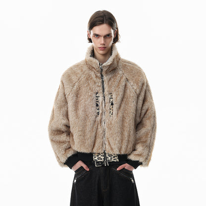 Punk Street Style Reversible Faux Fur Stand Collar Loose Fit Men's Leopard Print Winter Cotton Coat