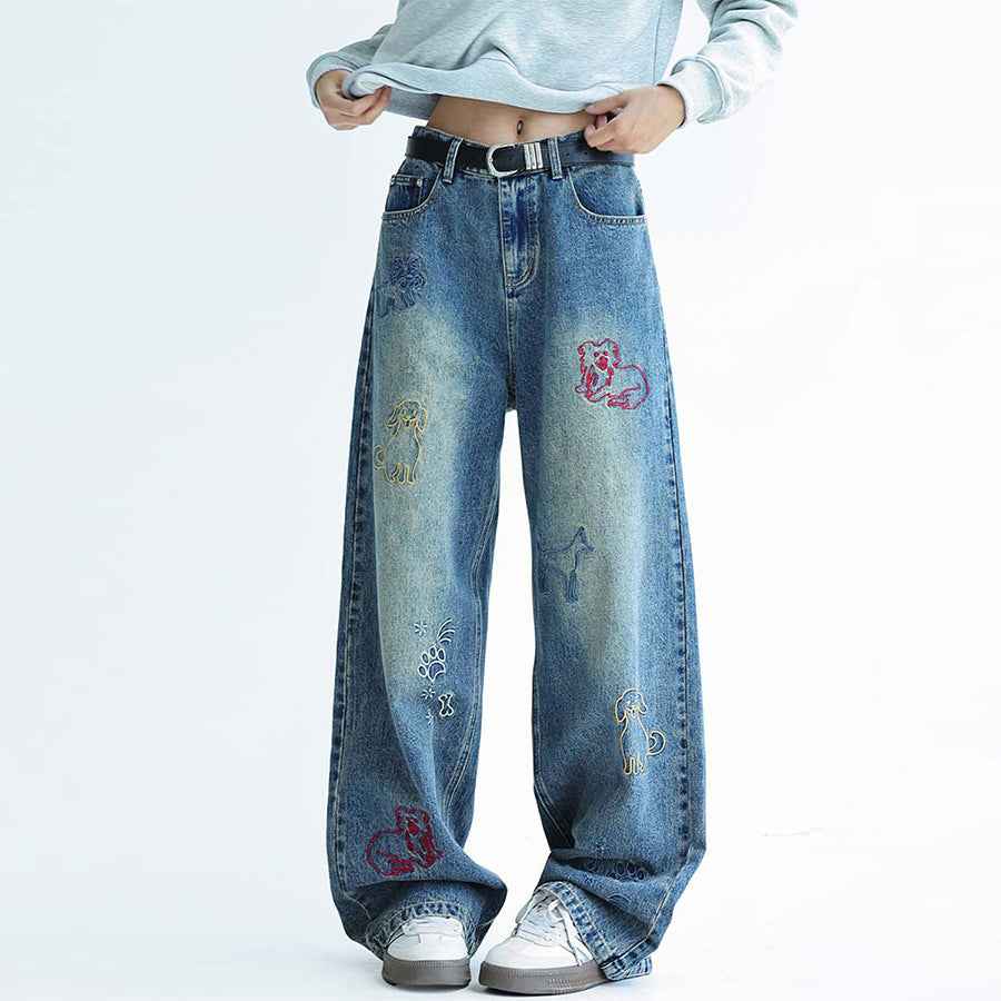 Dog Embroidered Wide Leg Jeans For Men And Women MuddyStock