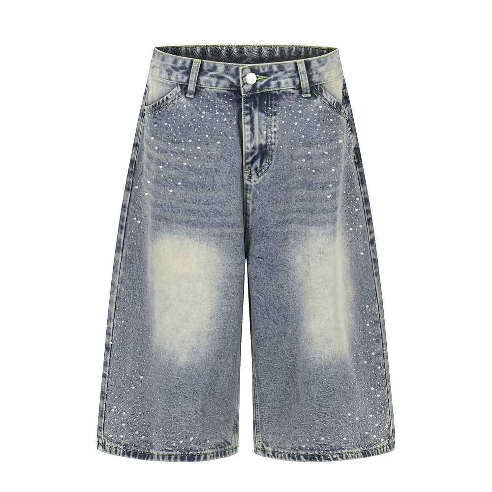 Full print straight leg denim shorts | MuddyStock Originals Blue