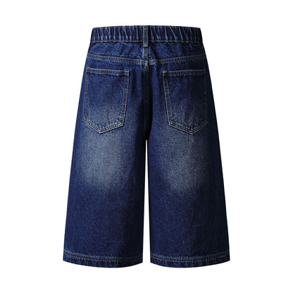 Street Washed Retro Design Star Patchwork Seven-Quarter Denim Pants Unisex Cool Casual Shorts