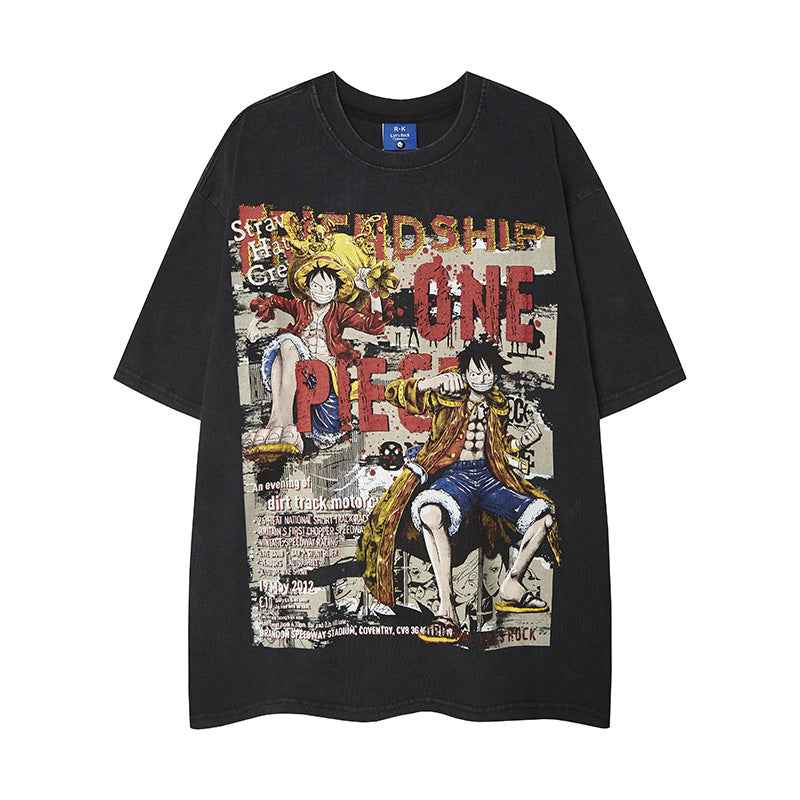 Washed Cartoon Anime Luffy Printed Short Sleeve T-Shirt For Men | MuddyStock Originals eprolo