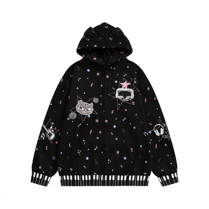 Men's Starry Pattern Cartoon Ears Zip-Up Hoodie Loose Casual Streetwear Jacket Black