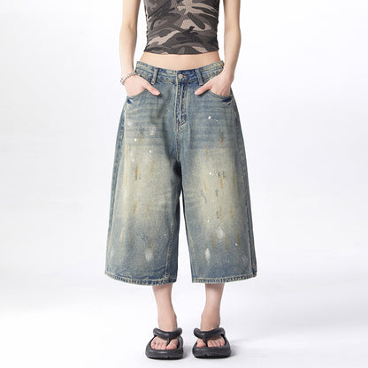 Splatter Washed Denim Crop Pants for Women | MuddyStock Originals