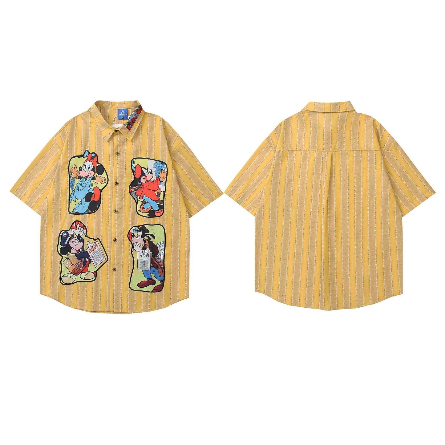 Retro Cartoon Applique Striped Short Sleeve Shirt for Men and Women | MuddyStock Originals