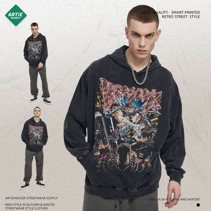 Printed cartoon retro distressed men's hoodie | MuddyStock Originals MuddyStock