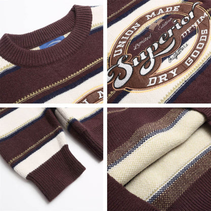 Letter Embroidery Striped Round Neck Sweater For Men | MuddyStock Originals MuddyStock
