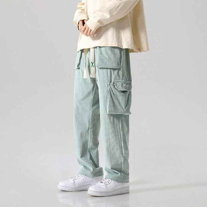 Men's Loose All-matching Corduroy Multi-pocket Straight Cargo Pants Green MuddyStock